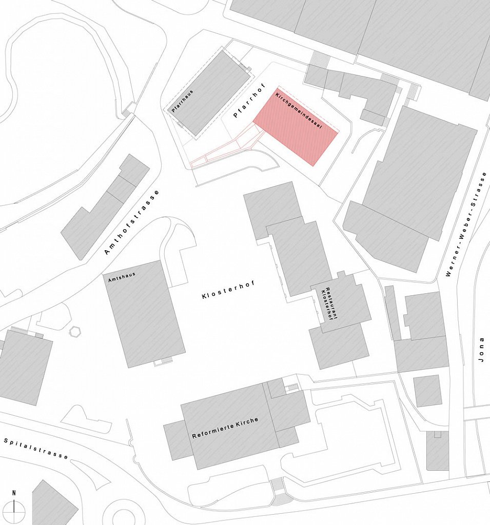 Situationsplan Pfarrhof (Neubau Saal rot)