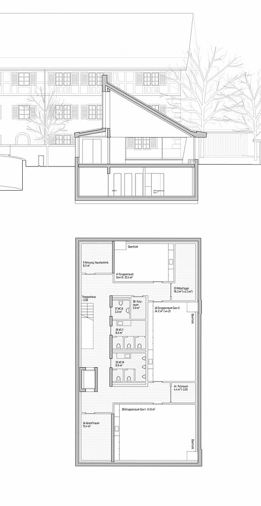 Untergeschoss und Querschnitt Saal